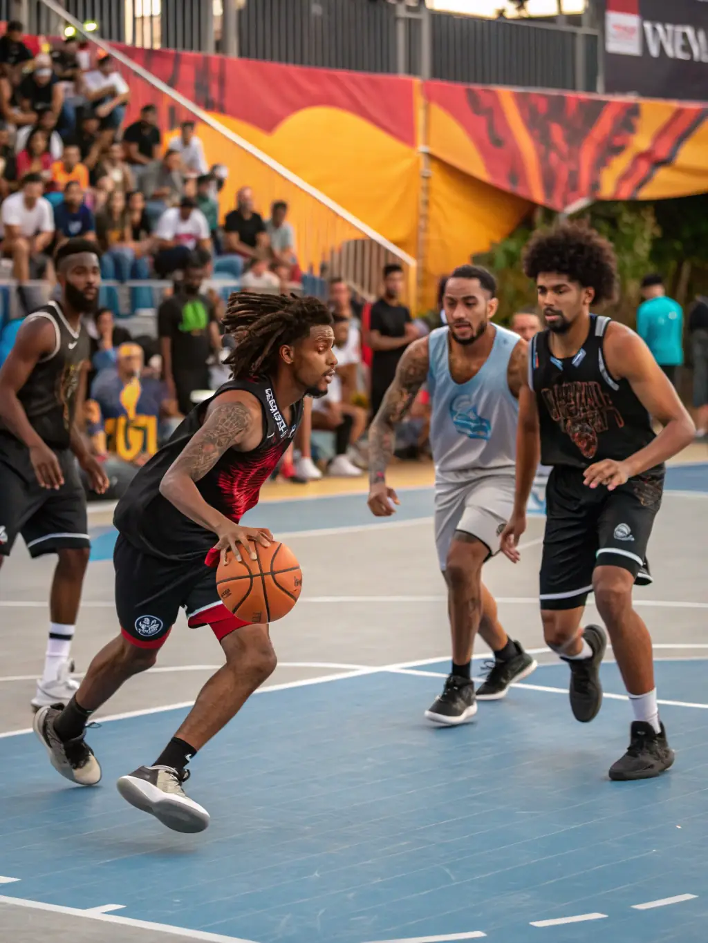 An action shot of participants engaged in a basketball game organized by Union Sportive de Marolles, emphasizing inclusivity and active participation.